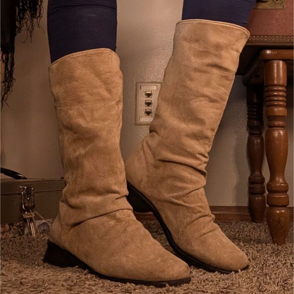 Leather Suede Slouch Boots Women's Size 9 Beige Tan
